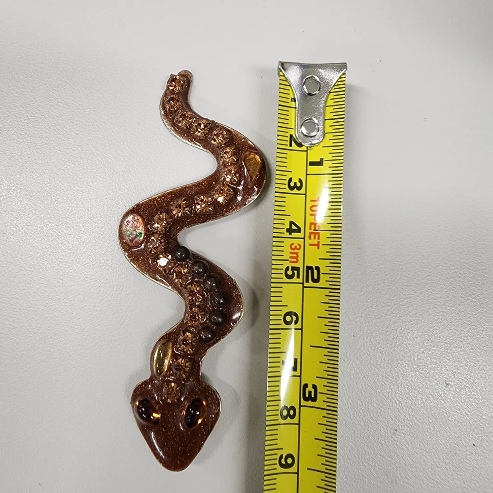 Brown Glitter Resin Snake Brooch Pin Embedded Rhinestone Statement Serpent